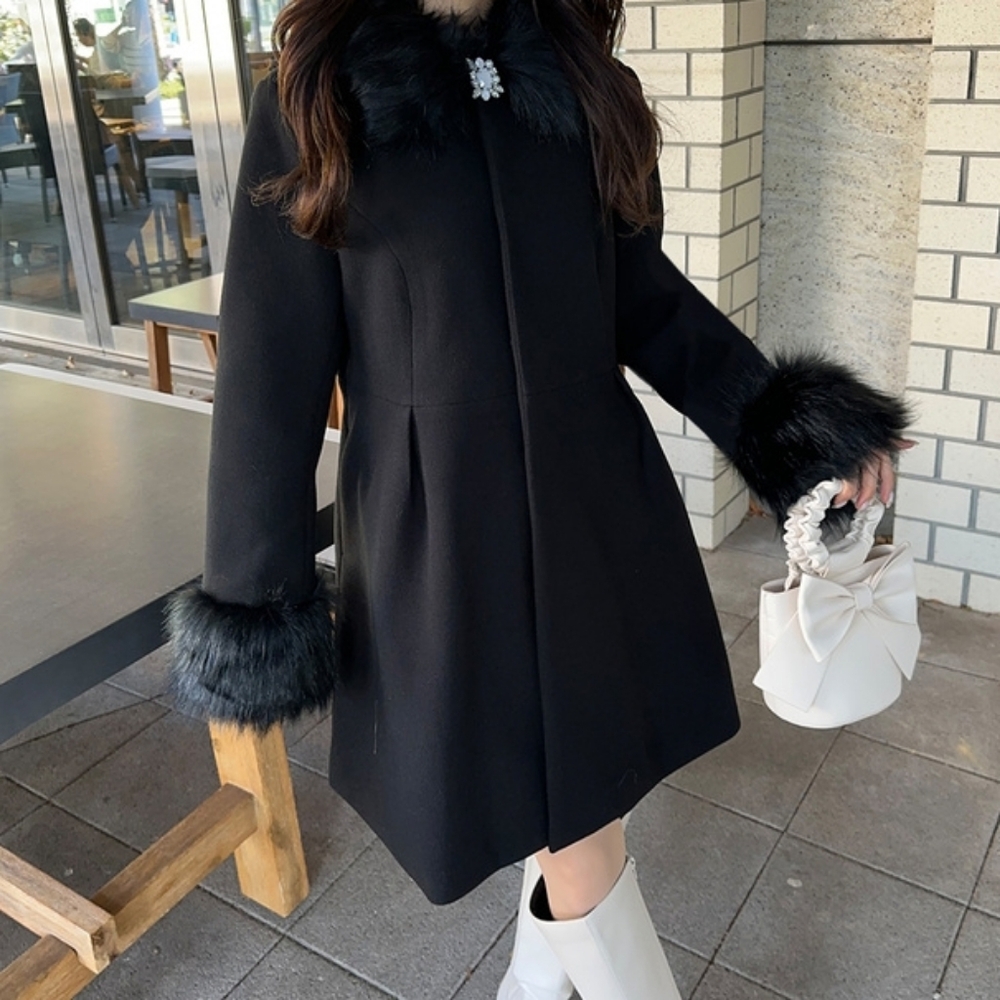 GRL - Fur Trim Jewel Flare Coat